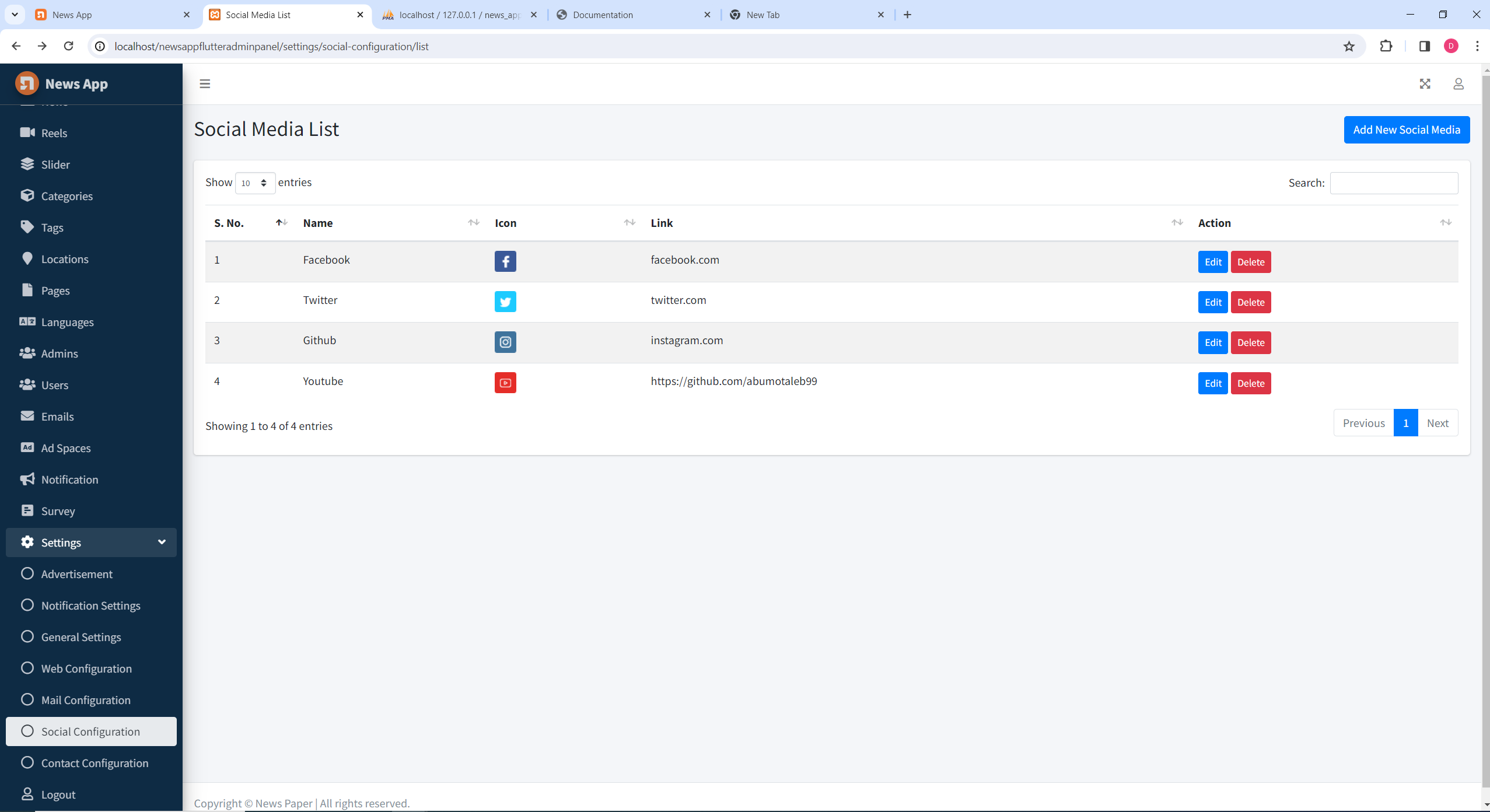 Social Configuration Screenshot